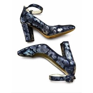 Marc Fisher Ion Luxe Black Metallic Silver Jacquard Block Heel Ankle Strap Pumps